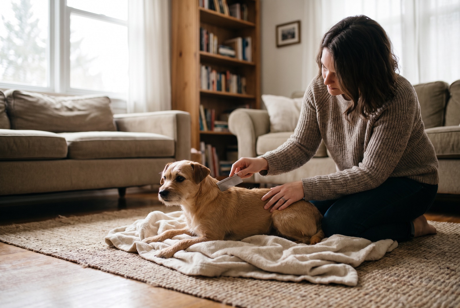 Eine Hundehalterin kämmt ihren Hund im Wohnzimmer mit einem Flohkamm