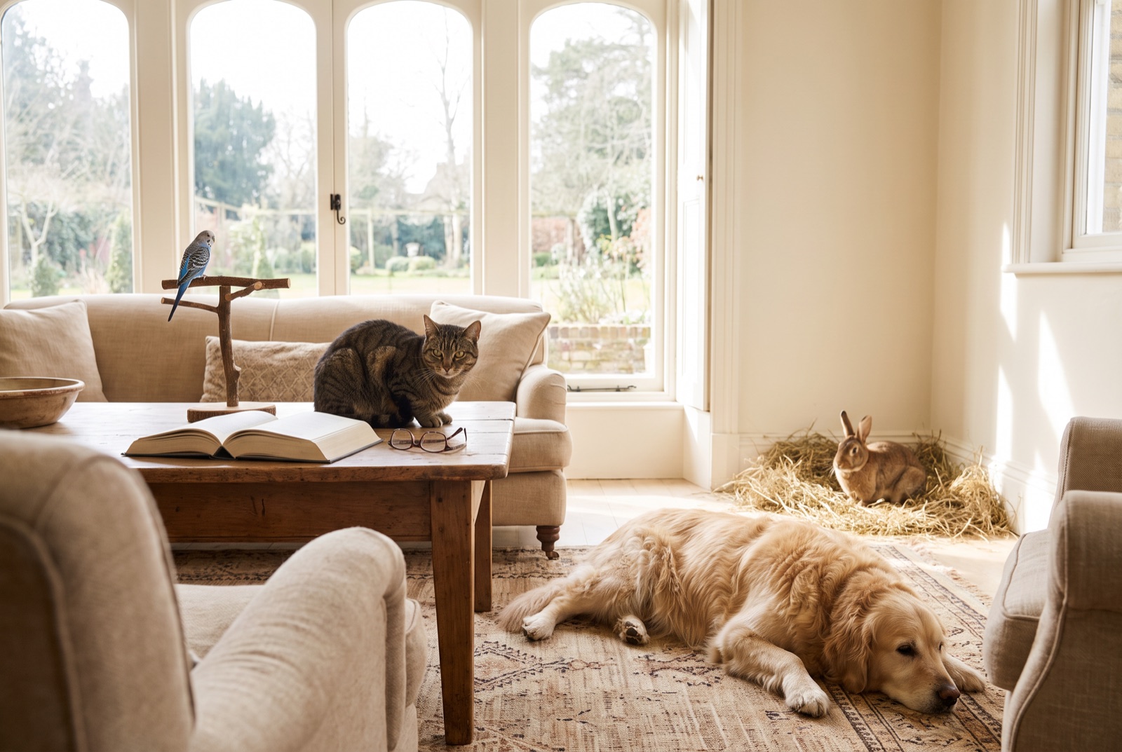 Wohnzimmer mit Katze auf dem Couchtisch, Golden Retriever auf dem Teppich, Wellensittich auf einem Holzast und Kaninchen in einer Heuecke
