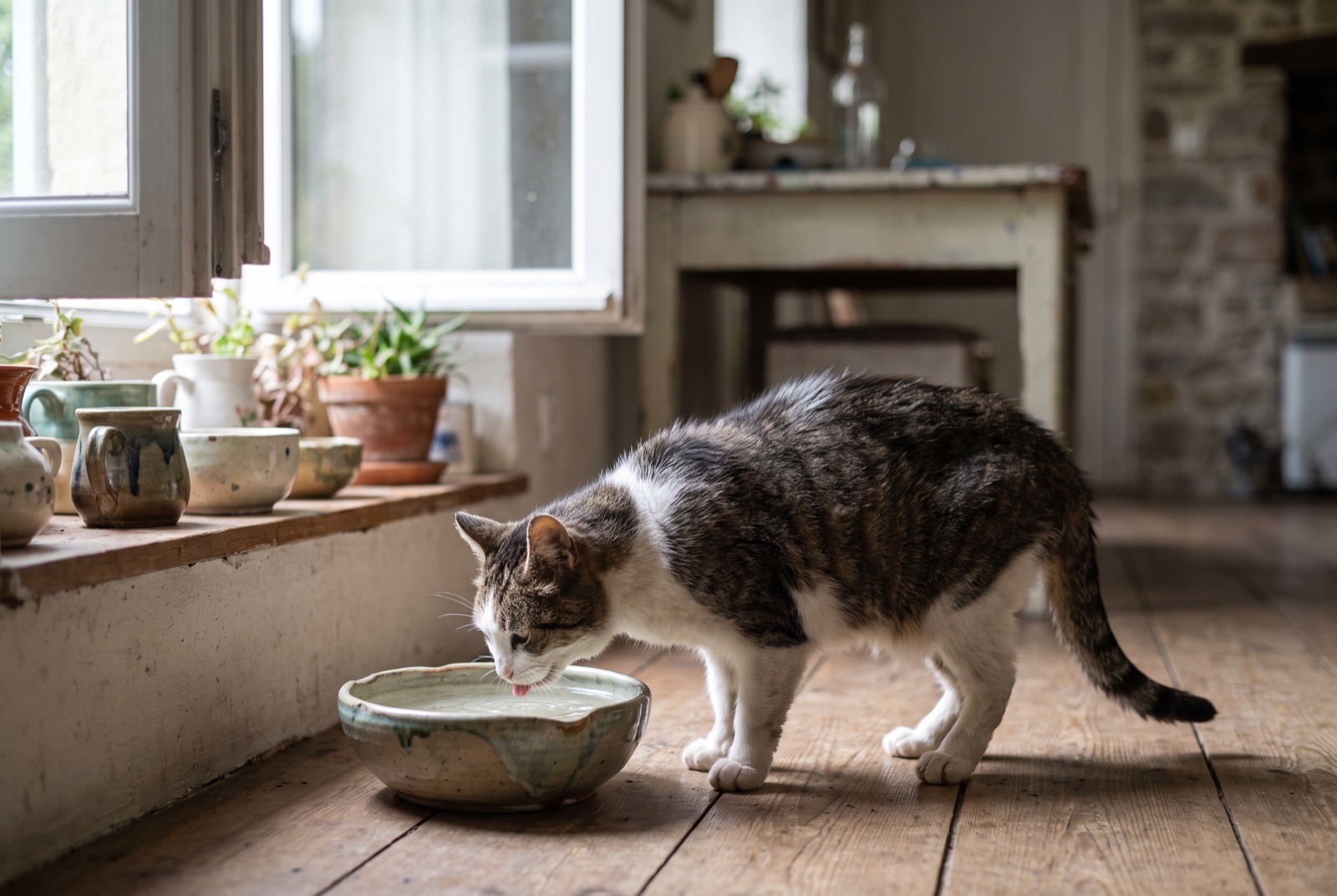 Eine getigerte Hauskatze trinkt in einer hellen Küche Wasser aus einem großen Keramiknapf