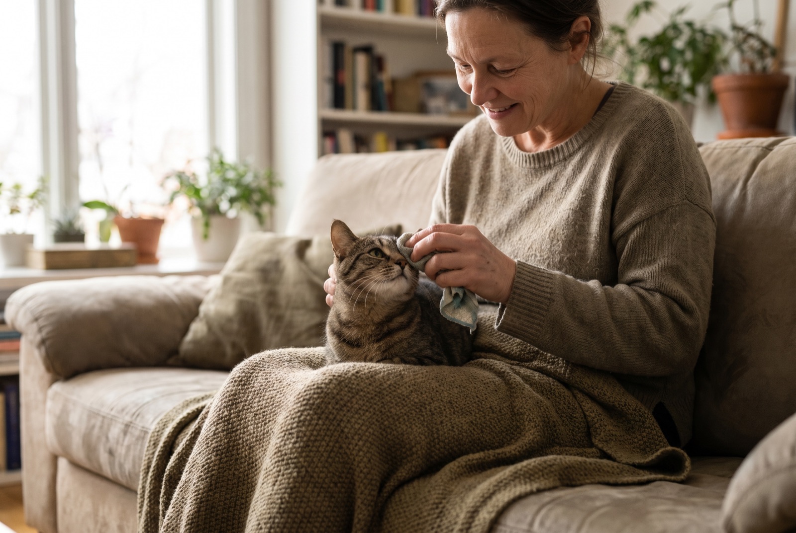 Eine Frau reinigt ihrer jungen getigerten Katze auf dem Sofa vorsichtig das Auge mit einem weichen Tuch