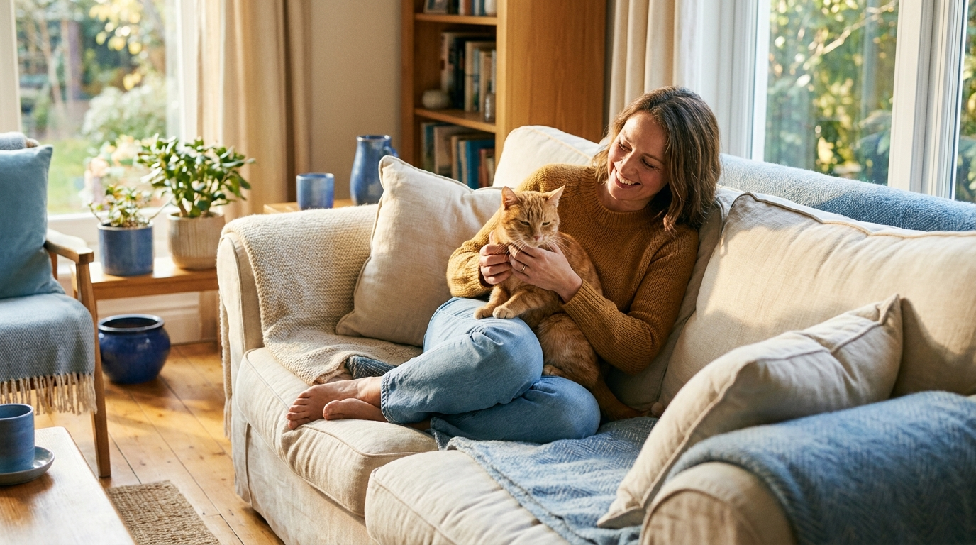 Katzenhalterin sitzt mit ihrer Katze auf dem Arm gemütlich zu Hause im warmen Licht