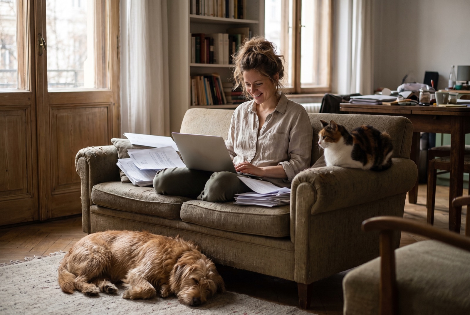 Tierhalterin sitzt mit Unterlagen und Laptop auf dem Sofa, der Hund liegt davor, die Katze sitzt auf der Armlehne