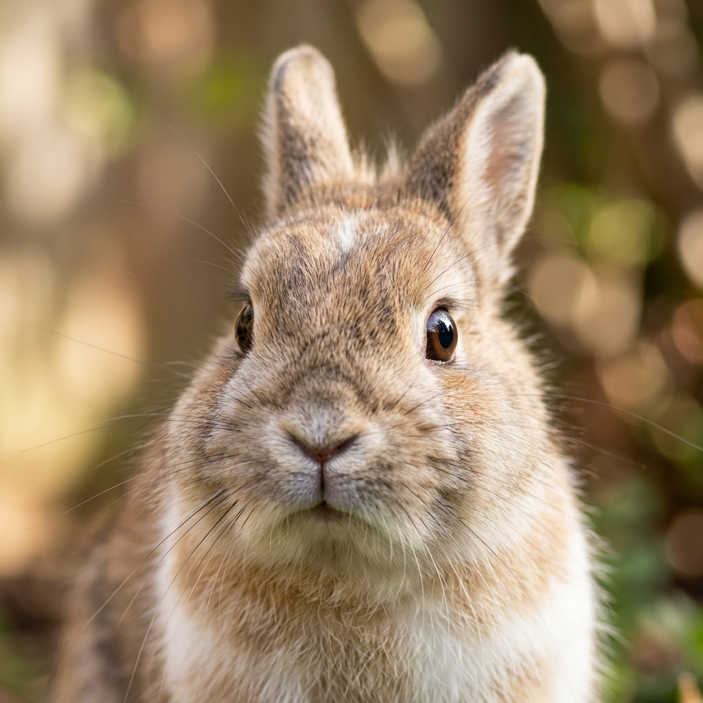 Kaninchen sitzt aufmerksam im Garten und schaut in die Kamera