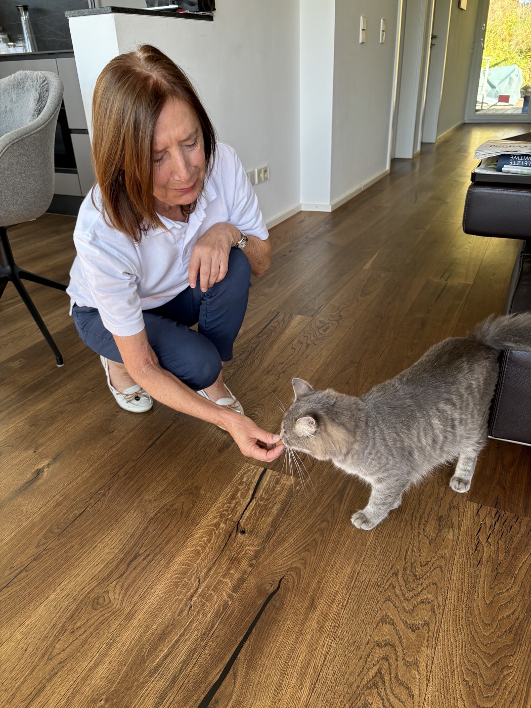 Marion, Mitarbeiterin bei Pudelwohl365, füttert ihre Katze zu Hause