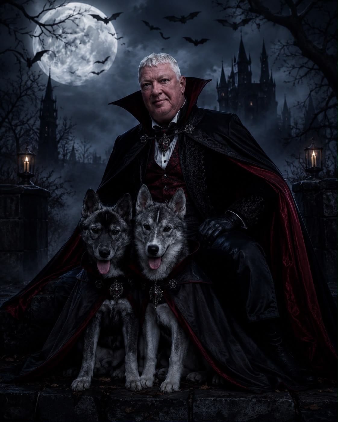 Sven, Mitarbeiter bei Pudelwohl365, im Vampirkostüm mit seinen zwei Hunden